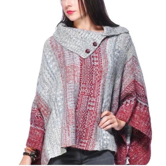 Free People Poncho Sweater Women Medium Willow Diamond Fair Isle Boho Wool Blend - Picture 2 of 11